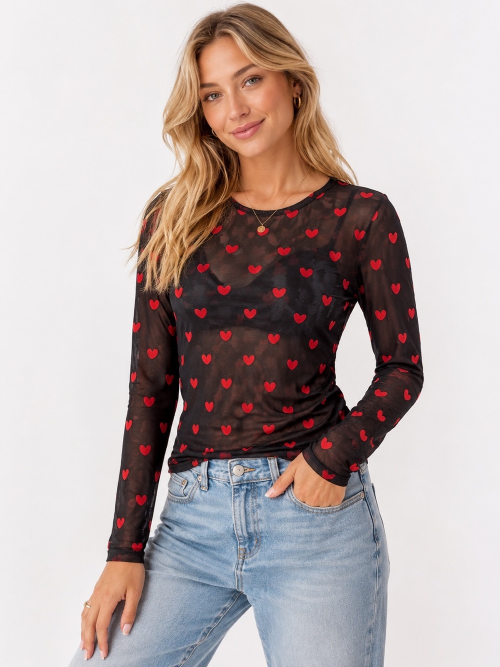 NWOT Sheer Mesh Heart Top Black Red Hearts Long Sleeve Y2K Aesthetic
